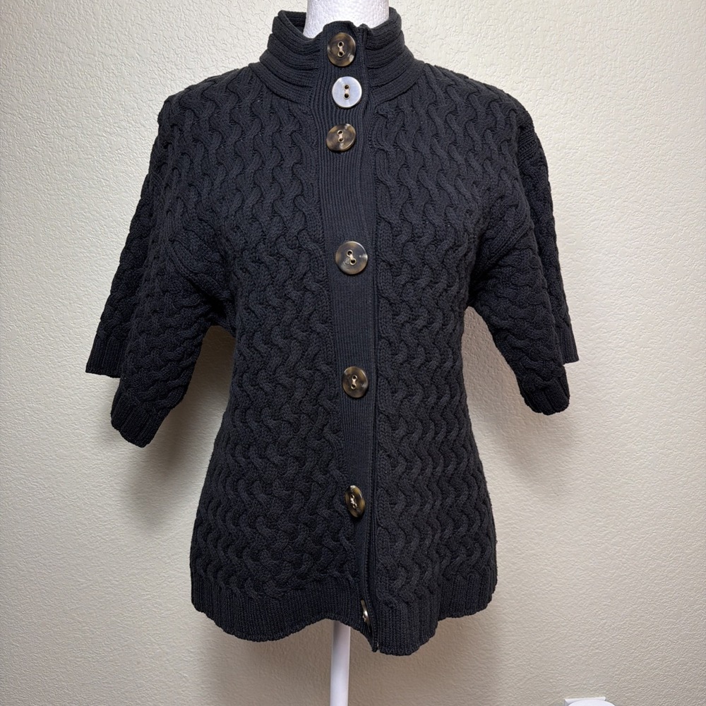 Style & Co Women PM Black Chunky Knit Sweater Short Sleeve Button Up Cardigan